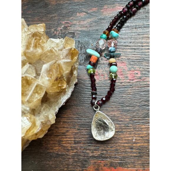 Golden Rutile Quartz Pendant Garnet Turquoise Coral Black Spinel Beaded Neckace - Picture 5 of 8